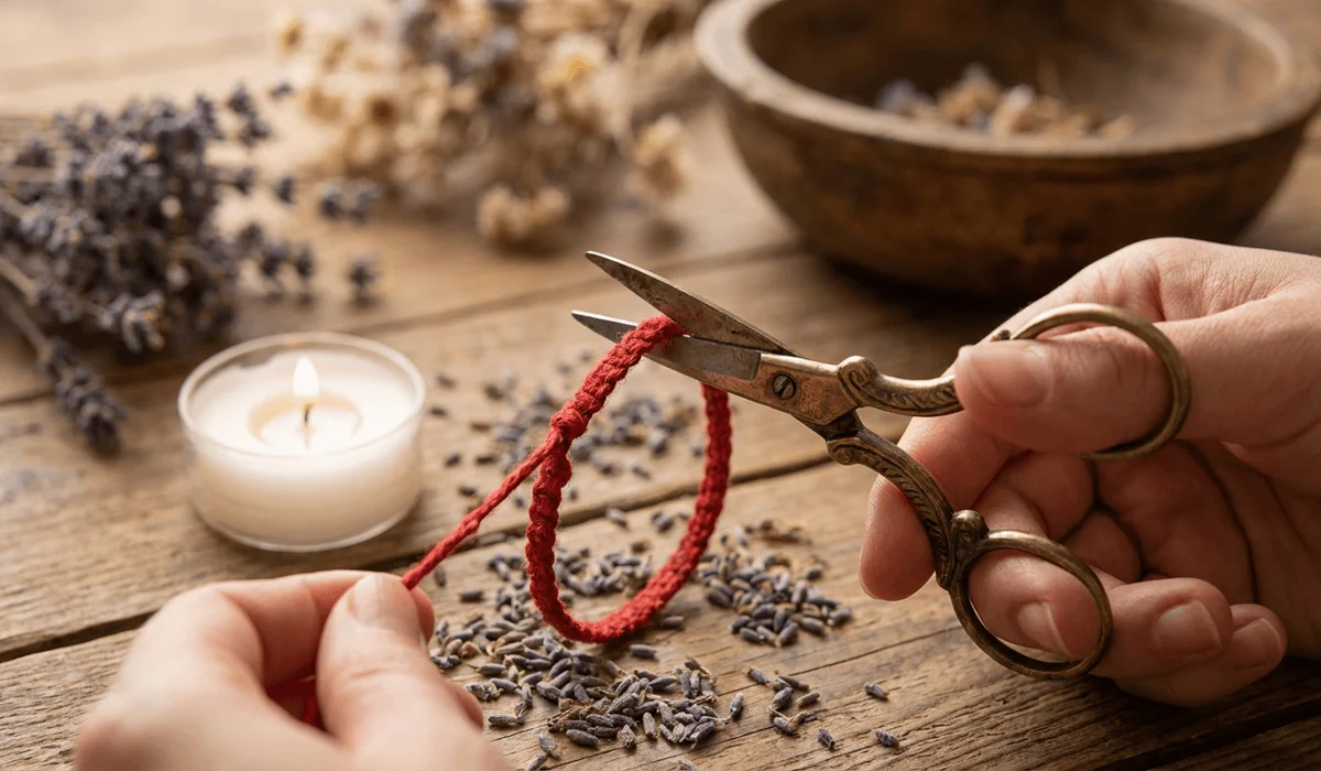 Is It Bad Luck to Cut a Red String Bracelet? Spiritual Meaning & Proper Removal 6 - Buddha Bodhis A pair of brass scissors mindfully cutting a red string bracelet over a wooden surface during a spiritual removal ritual.