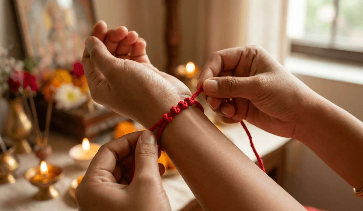 How to Tie and Bless a Red String Bracelet for Protection: A Step-by-Step Ritual Guide - Buddha Bodhis Close-up of hands tying a sacred seven-knot red string protection bracelet around the left wrist during a ritual blessing.