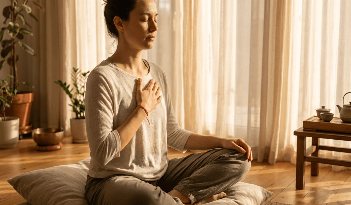 How to Tie and Bless a Red String Bracelet for Protection: A Step-by-Step Ritual Guide 2 - Buddha Bodhis Person meditating with red thread bracelet on left hand placed near the heart center for intention setting and protection.