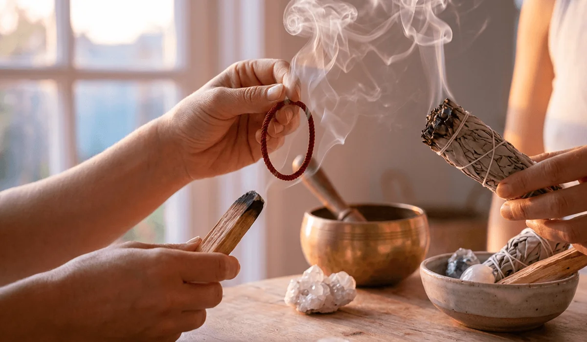 How to Tie and Bless a Red String Bracelet for Protection: A Step-by-Step Ritual Guide 6 - Buddha Bodhis Red string bracelet being cleansed over white sage smudging smoke next to a singing bowl and crystals.