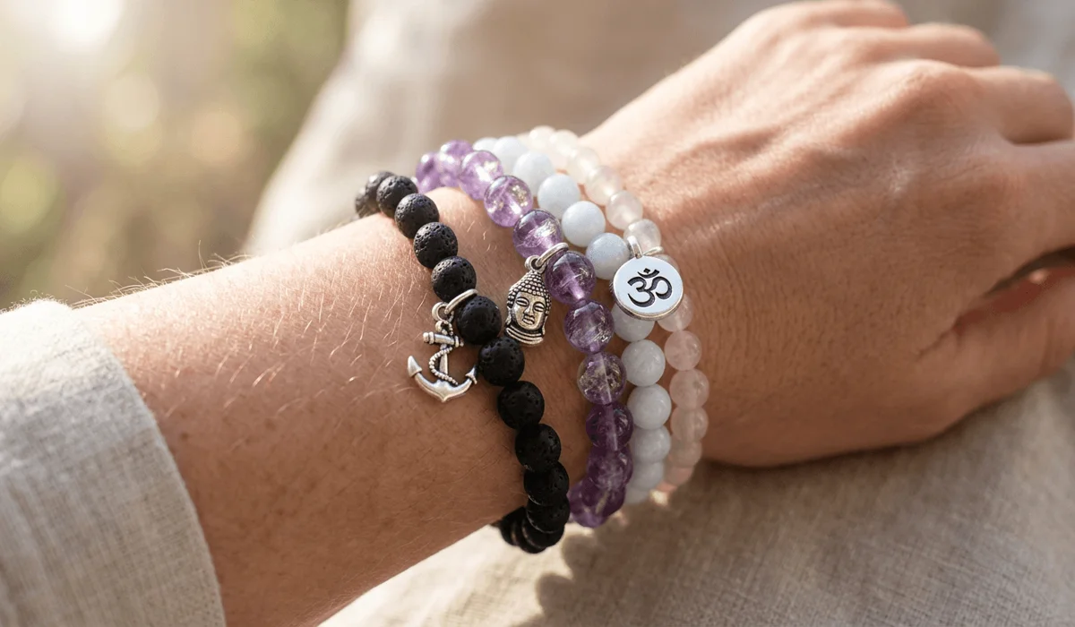 How to Stack Crystal Bracelets for Energy, Balance, and Harmony - Buddha Bodhis A stylish stack of four spiritual crystal bracelets worn on a wrist featuring black tourmaline, amethyst, and quartz beads in natural sunlight.