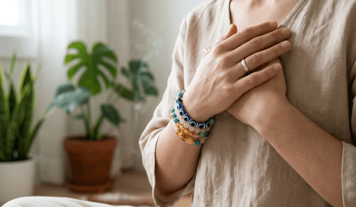 How to Stack Crystal Bracelets for Energy, Balance, and Harmony 1 - Buddha Bodhis A person holding stacked gemstone bracelets near their heart space during a peaceful meditation and intention-setting practice.