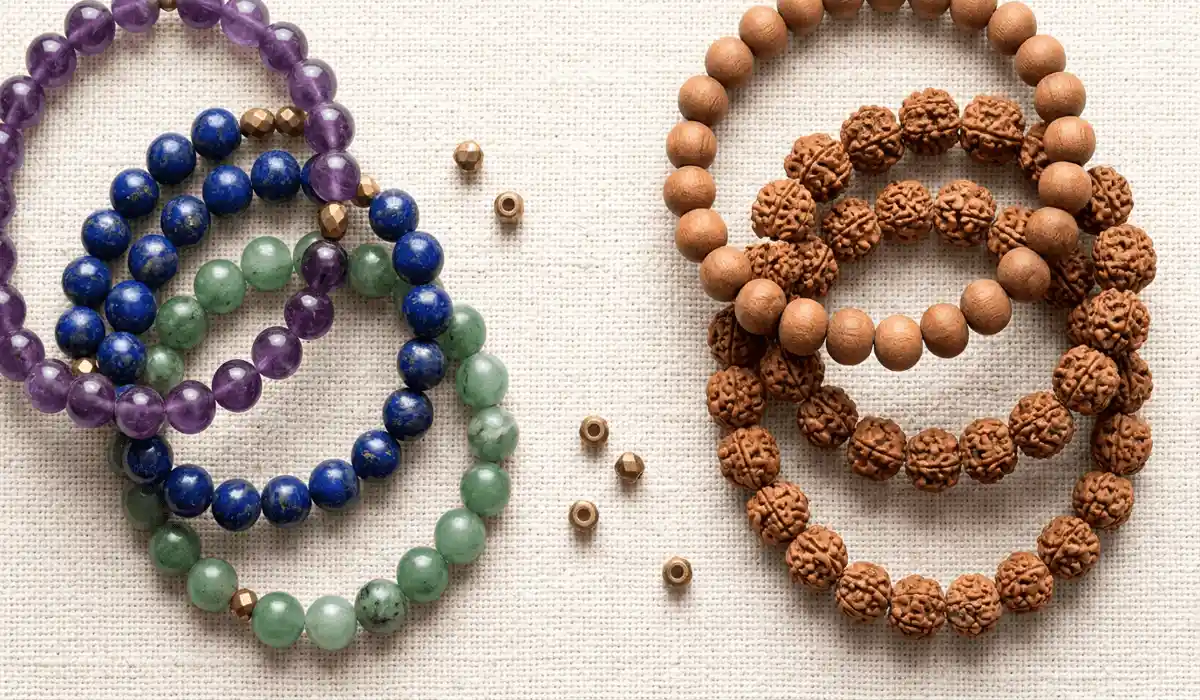 How to Stack Crystal Bracelets for Energy, Balance, and Harmony 4 - Buddha Bodhis Flat lay photography displaying a harmonious mix of polished crystal gemstone bracelets and organic sacred sandalwood bead bracelets.