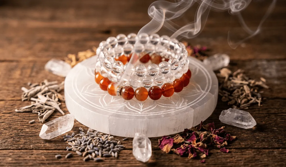 How to Stack Crystal Bracelets for Energy, Balance, and Harmony 6 - Buddha Bodhis Spiritual crystal bracelet stack resting on a white selenite charging bowl with gentle Palo Santo smoke for energetic cleansing.