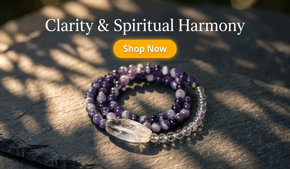 How to Stack Crystal Bracelets for Energy, Balance, and Harmony 5 - Buddha Bodhis Amethyst and Clear Quartz wrap bracelet on dark slate stone background with Shop Now button for spiritual harmony blog