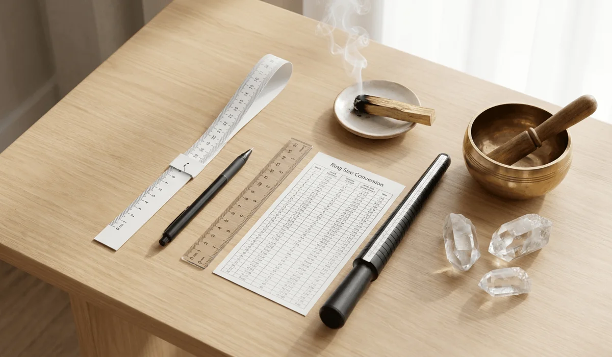 How to Measure Your Ring Size at Home: A Guide for Feng Shui Rings - Buddha Bodhis Essential tools for measuring ring size for Feng Shui jewelry including a paper strip, millimeter ruler, and Palo Santo for energetic space cleansing