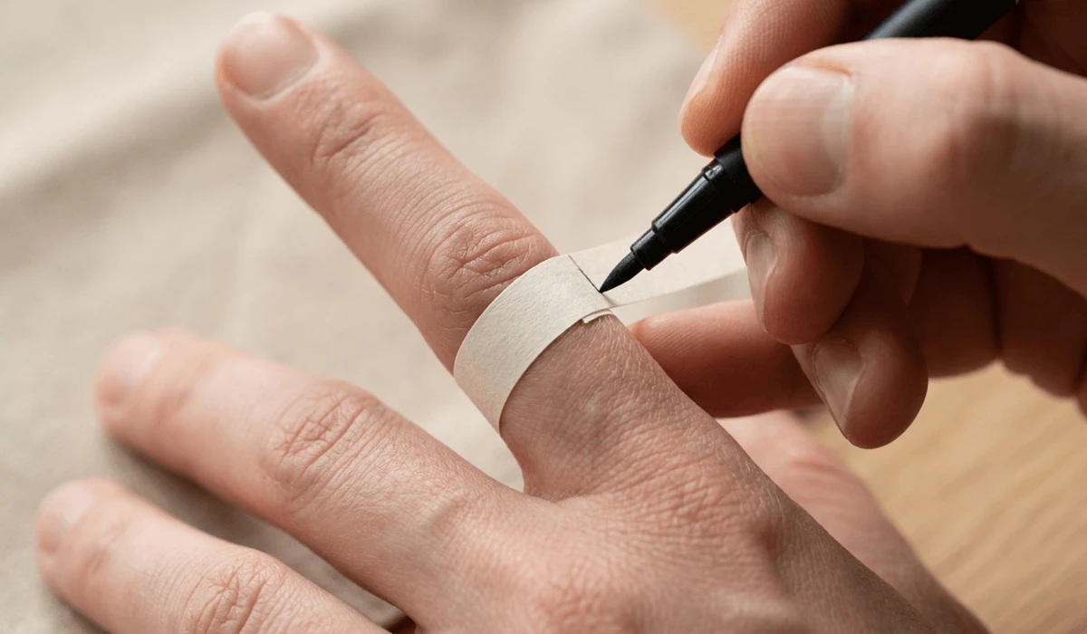 How to Measure Your Ring Size at Home: A Guide for Feng Shui Rings 3 - Buddha Bodhis Step-by-step measurement demonstration showing how to mark a paper strip around a finger for accurate Feng Shui ring sizing