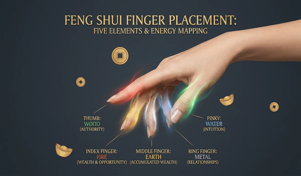 How to Measure Your Ring Size at Home: A Guide for Feng Shui Rings 5 - Buddha Bodhis Feng Shui finger energy mapping graphic highlighting the five elements and spiritual placement for rings