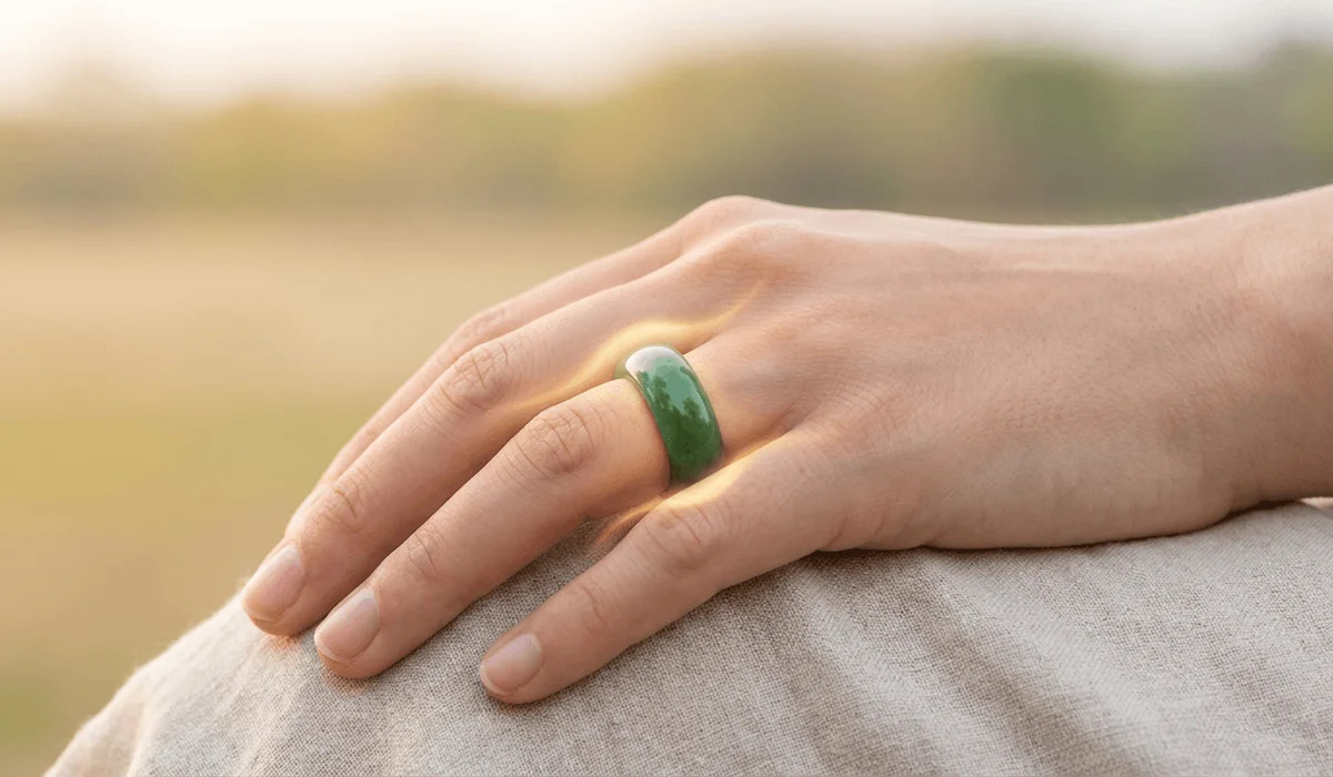 How to Measure Your Ring Size at Home: A Guide for Feng Shui Rings 4 - Buddha Bodhis A wide-band jade Feng Shui ring perfectly fitted on a finger showing comfortable placement and unobstructed Chi flow