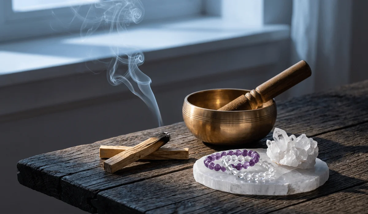 How to Cleanse Your Jewelry of Negative Energy: Safe & Practical Methods - Buddha Bodhis Essential tools for cleansing gemstone jewelry including Palo Santo, Tibetan singing bowl, and Selenite plate.