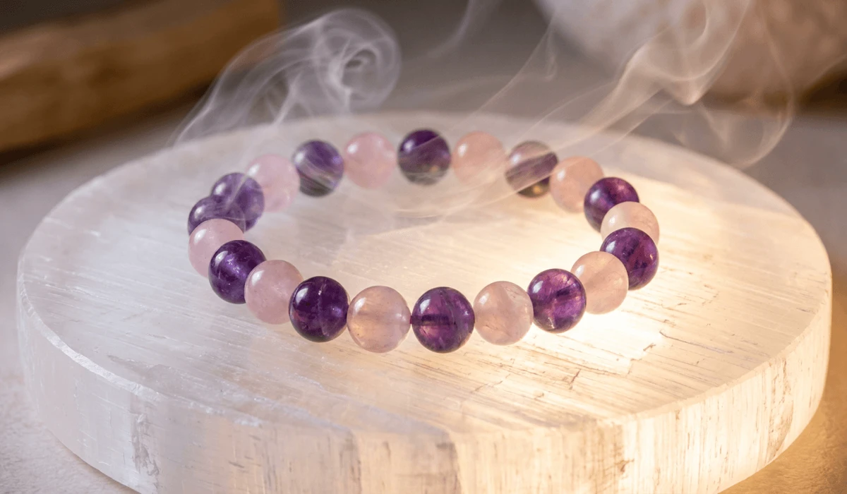 How to Cleanse Your Jewelry of Negative Energy: Safe & Practical Methods 3 - Buddha Bodhis Gemstone bead bracelet undergoing energetic cleansing on a Selenite charging plate with Palo Santo smoke.