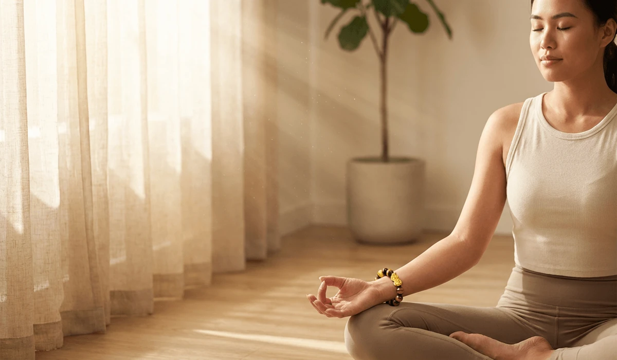 How to Cleanse Your Jewelry of Negative Energy: Safe & Practical Methods 5 - Buddha Bodhis Woman wearing a cleansed crystal gemstone bracelet on her left wrist according to Feng Shui receiving principles.
