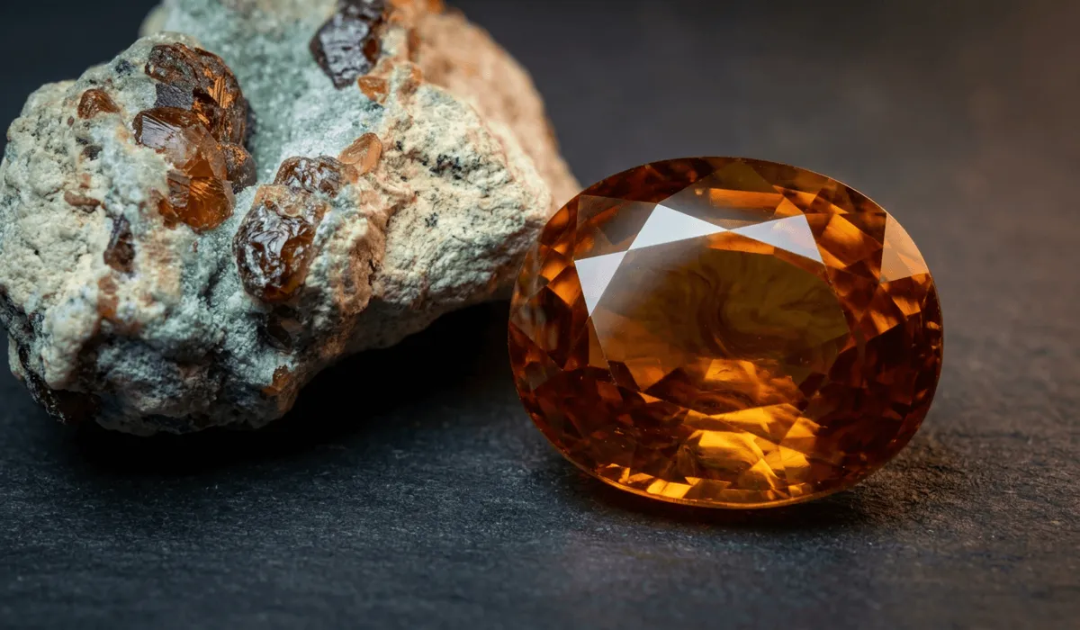 Understanding Hessonite Garnet (Gomed) in Vedic Astrology: Meaning, Benefits, and Uses - Buddha Bodhis Faceted honey-colored Hessonite Garnet gemstone next to raw mineral specimen on a dark slate background.