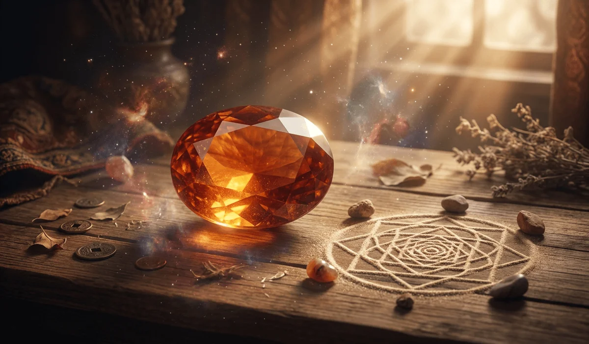 Understanding Hessonite Garnet (Gomed) in Vedic Astrology: Meaning, Benefits, and Uses 1 - Buddha Bodhis Polished Hessonite Garnet stone on a wooden altar with golden amber light rays and cosmic Rahu symbols.