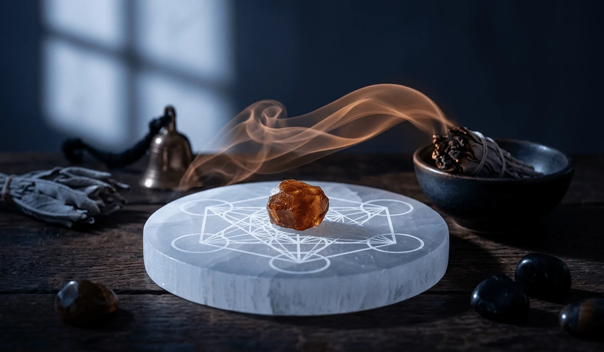 Understanding Hessonite Garnet (Gomed) in Vedic Astrology: Meaning, Benefits, and Uses 4 - Buddha Bodhis Hessonite Garnet stone resting on a selenite charging plate under moonlight with subtle smoke from cleansing incense.