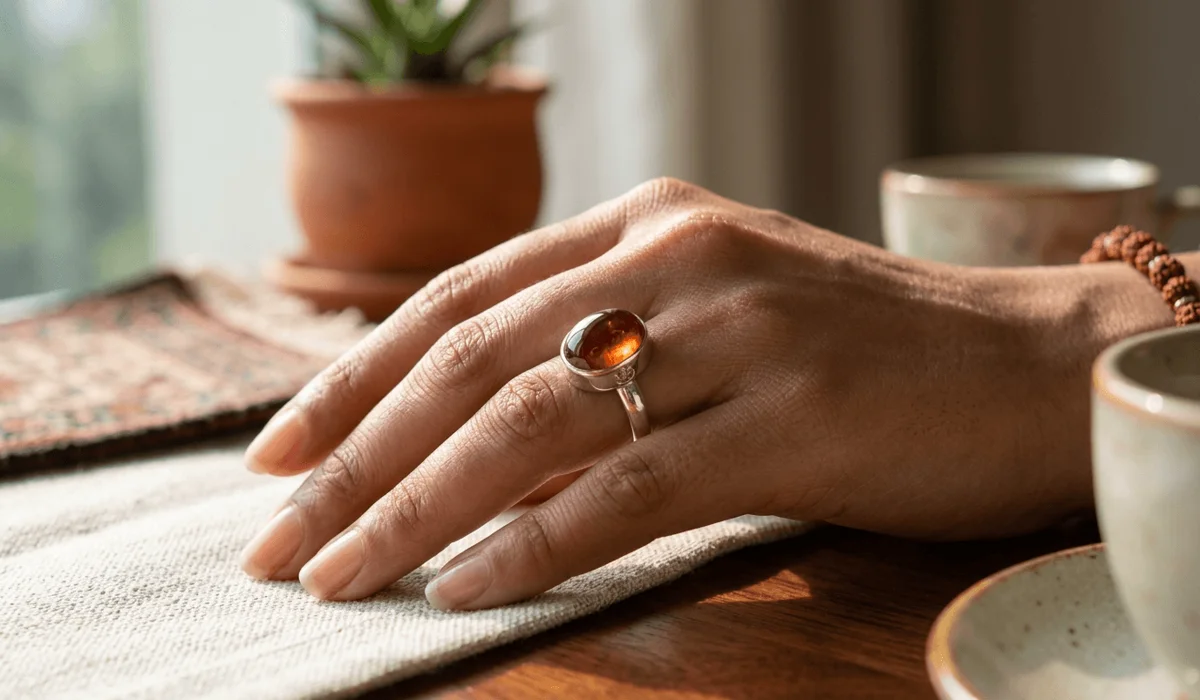 Understanding Hessonite Garnet (Gomed) in Vedic Astrology: Meaning, Benefits, and Uses 3 - Buddha Bodhis Sterling silver ring featuring a honey-cinnamon Hessonite Garnet worn on the middle finger.