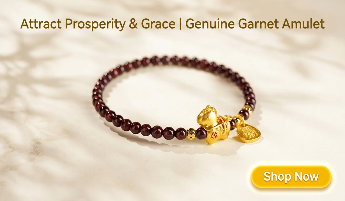 Understanding Hessonite Garnet (Gomed) in Vedic Astrology: Meaning, Benefits, and Uses 2 - Buddha Bodhis Handcrafted Natural Garnet Bracelet featuring a Gold Zodiac Horse Wealth Amulet for prosperity and elegance