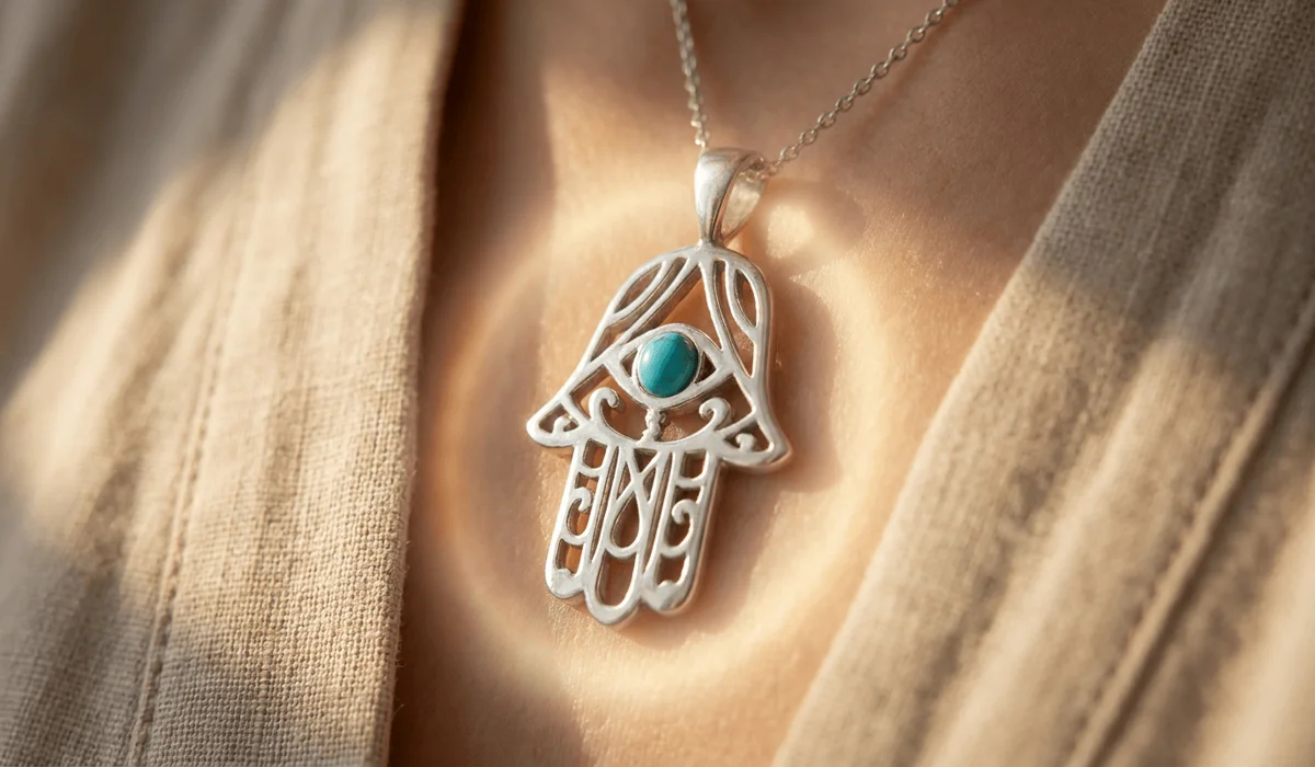 The Spiritual Meaning and Benefits of the Hamsa Hand Necklace - Buddha Bodhis Sterling silver Hamsa hand necklace with turquoise stone resting near the heart chakra, symbolizing spiritual protection and peace.