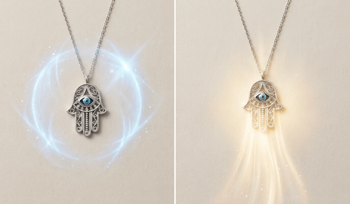 The Spiritual Meaning and Benefits of the Hamsa Hand Necklace 1 - Buddha Bodhis Comparison of upward facing Hamsa hand necklace for protective energy versus downward facing position for welcoming abundance.