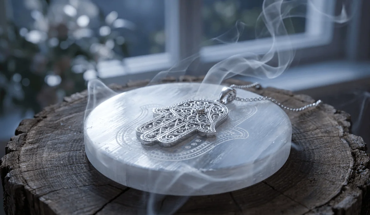 The Spiritual Meaning and Benefits of the Hamsa Hand Necklace 4 - Buddha Bodhis Silver Hamsa hand necklace placed on a selenite crystal plate for cleansing and charging in moonlight with incense smoke.