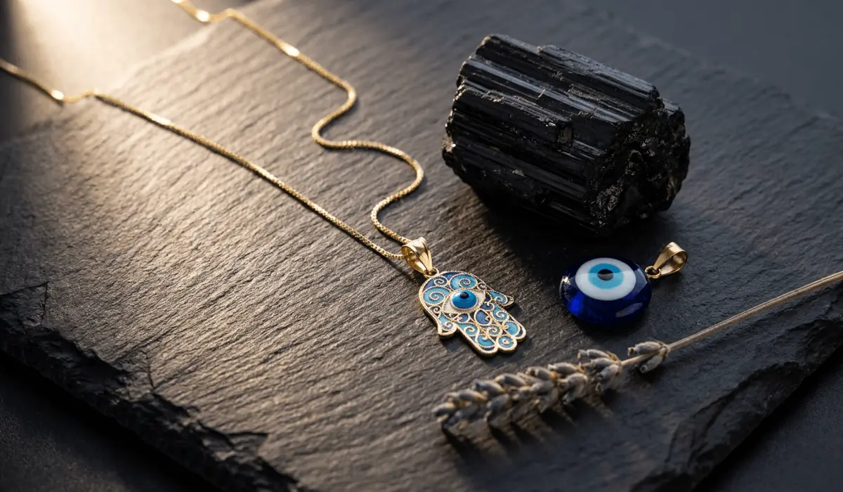 The Spiritual Meaning and Benefits of the Hamsa Hand Necklace 3 - Buddha Bodhis Aesthetic flat lay arrangement of a gold Hamsa hand necklace displayed with raw black tourmaline crystal and evil eye charm.