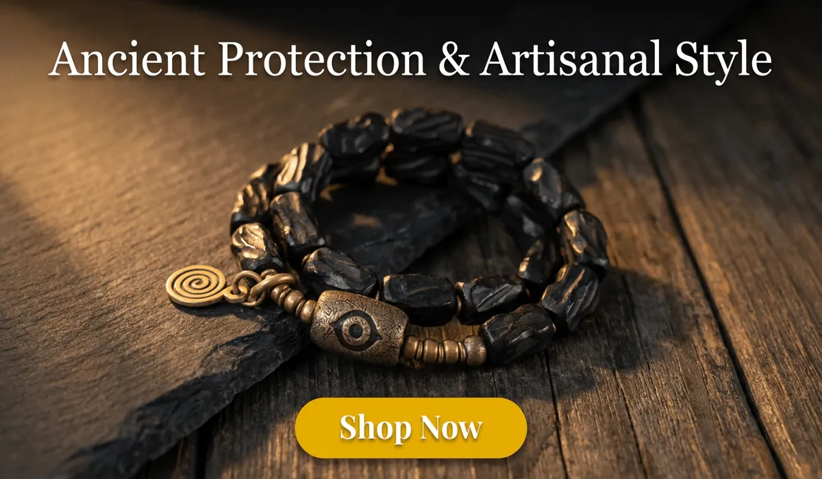 The Spiritual Meaning and Benefits of the Hamsa Hand Necklace 2 - Buddha Bodhis Carved Ebony Evil Eye Bracelet with antique bronze protection amulet bead featured in a high-end blog banner with Shop Now button