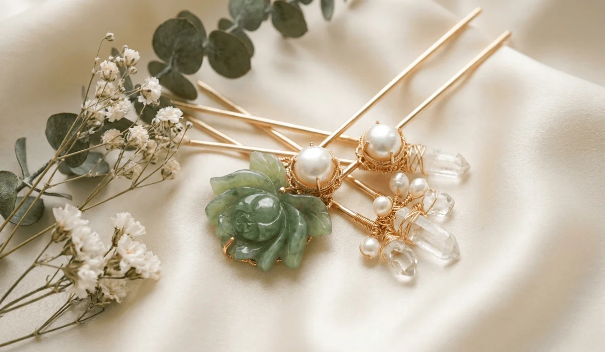 Traditional & Meaningful Bridal Hair Pins for Your Wedding Day - Buddha Bodhis Handcrafted traditional spiritual bridal hair pins with green jade and freshwater pearls on cream silk.