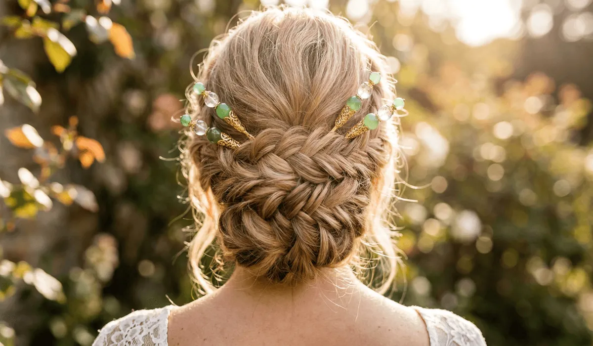 Traditional & Meaningful Bridal Hair Pins for Your Wedding Day 2 - Buddha Bodhis Back view of a bride with a braided updo adorned with paired traditional spiritual hairpins near the Crown Chakra.