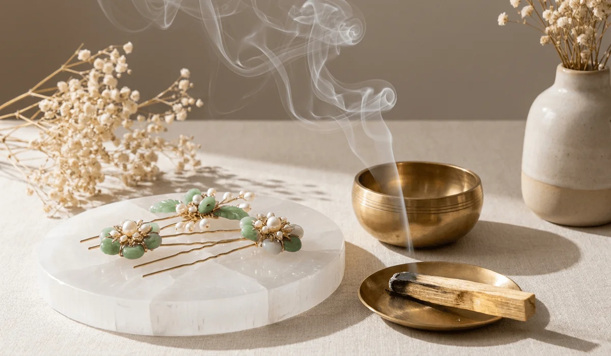Traditional & Meaningful Bridal Hair Pins for Your Wedding Day 8 - Buddha Bodhis Energy cleansing ritual setup with bridal hair pins resting on a selenite charging plate with Palo Santo smoke.