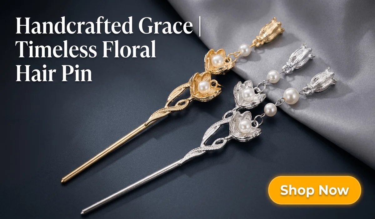 Traditional & Meaningful Bridal Hair Pins for Your Wedding Day 3 - Buddha Bodhis Handcrafted Lily of the Valley metal hairpins in gold and silver with pearl accents, featured in an elegant e-commerce blog design with a Shop Now button.