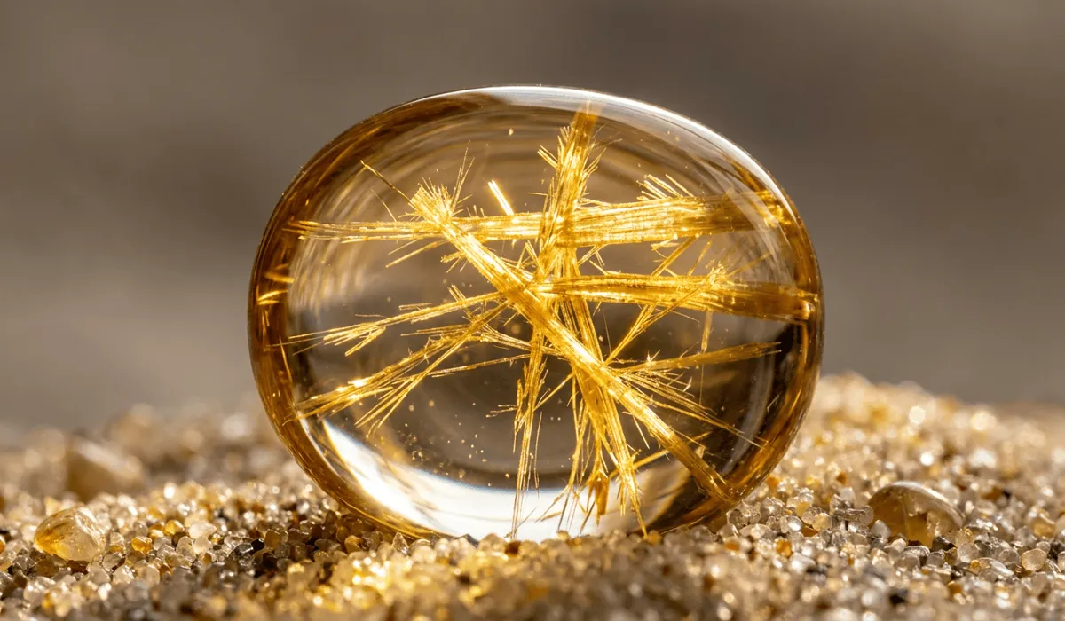 Golden Rutilated Quartz: Meaning, Healing Benefits, and How to Use It for Manifestation - Buddha Bodhis Macro close-up of natural golden rutilated quartz gemstone showing fine golden rutile needle inclusions.