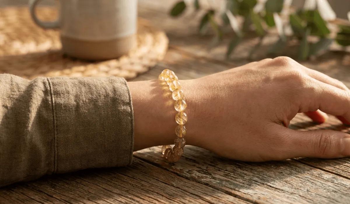 Golden Rutilated Quartz: Meaning, Healing Benefits, and How to Use It for Manifestation 3 - Buddha Bodhis Handcrafted golden rutilated quartz bead bracelet worn on wrist for manifestation and energy flow.
