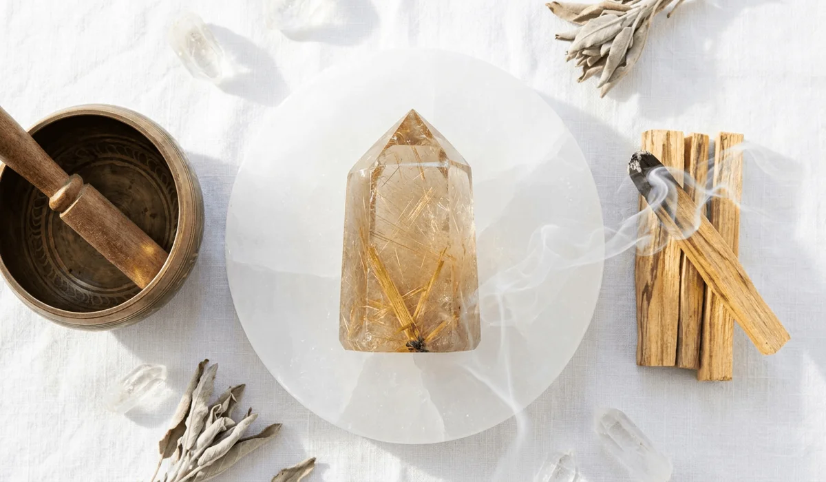 Golden Rutilated Quartz: Meaning, Healing Benefits, and How to Use It for Manifestation 4 - Buddha Bodhis Golden rutilated quartz crystal placed on a selenite charging plate for crystal cleansing and charging.
