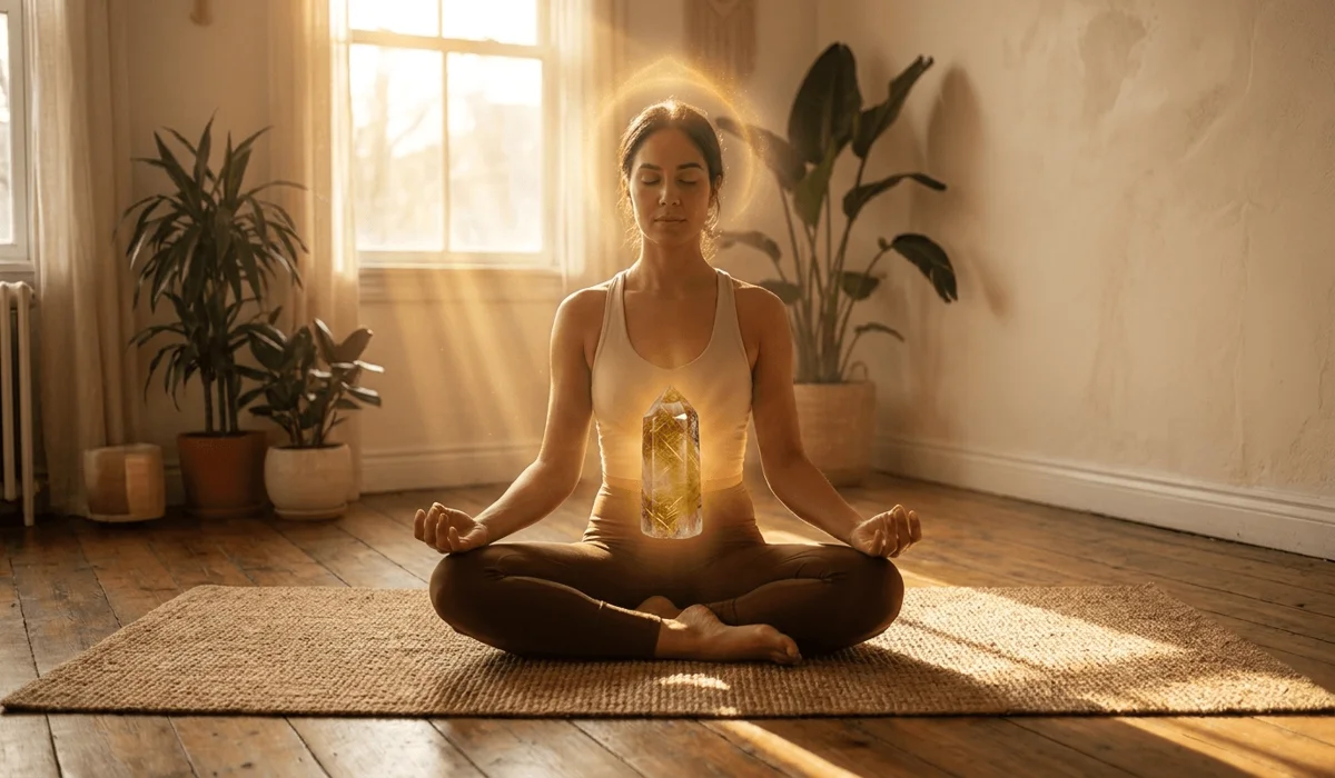 Golden Rutilated Quartz: Meaning, Healing Benefits, and How to Use It for Manifestation 1 - Buddha Bodhis Practitioner meditating with a golden rutilated quartz crystal to align solar plexus chakra energy.