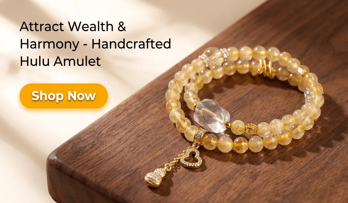 Golden Rutilated Quartz: Meaning, Healing Benefits, and How to Use It for Manifestation 2 - Buddha Bodhis Natural Gold Rutilated Quartz Bracelet with Handcrafted Wealth Hulu Amulet on a dark wood display for prosperity