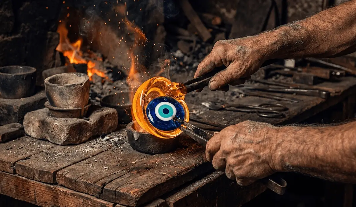 Evil Eye Tattoo Meaning, Placement, and Spiritual Symbolism - Buddha Bodhis Ancient Anatolian artisan crafting a glowing cobalt blue glass Nazar Boncuฤu evil eye amulet in a traditional workshop.