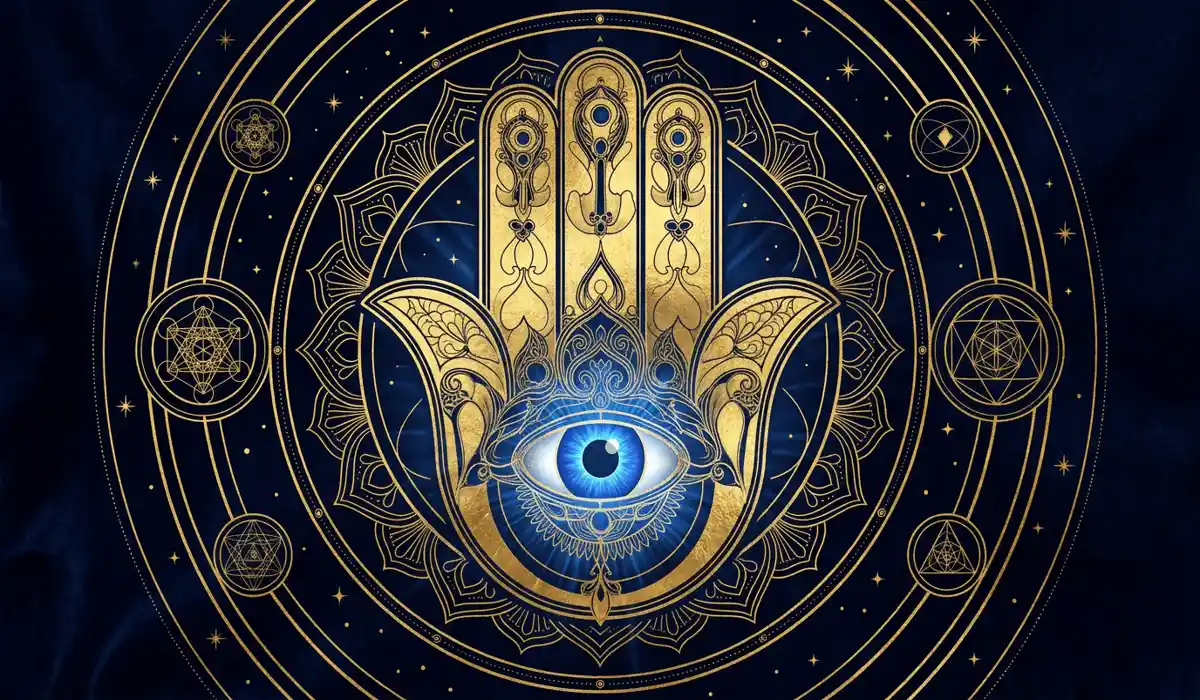 Evil Eye Tattoo Meaning, Placement, and Spiritual Symbolism 5 - Buddha Bodhis Detailed sacred geometry artwork of a golden Hamsa hand featuring a luminous blue Evil Eye with cosmic mandala rings.