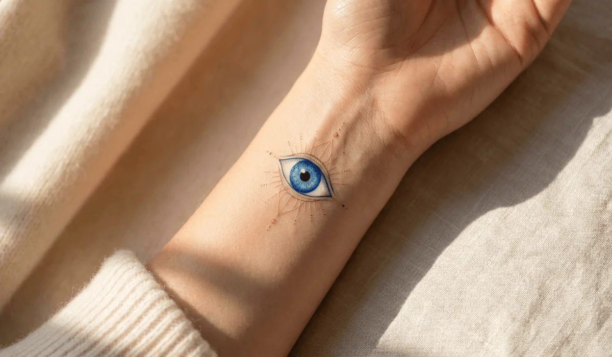 Evil Eye Tattoo Meaning, Placement, and Spiritual Symbolism 4 - Buddha Bodhis Fine line minimalist evil eye tattoo on a person's inner wrist with blue ink and delicate geometry accents.