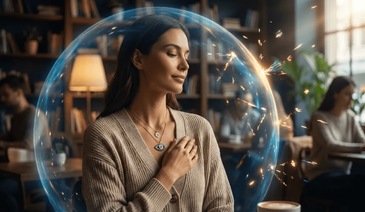 Evil Eye Tattoo Meaning, Placement, and Spiritual Symbolism 3 - Buddha Bodhis Modern woman wearing a gold Evil Eye necklace surrounded by a subtle glowing protective aura shield.