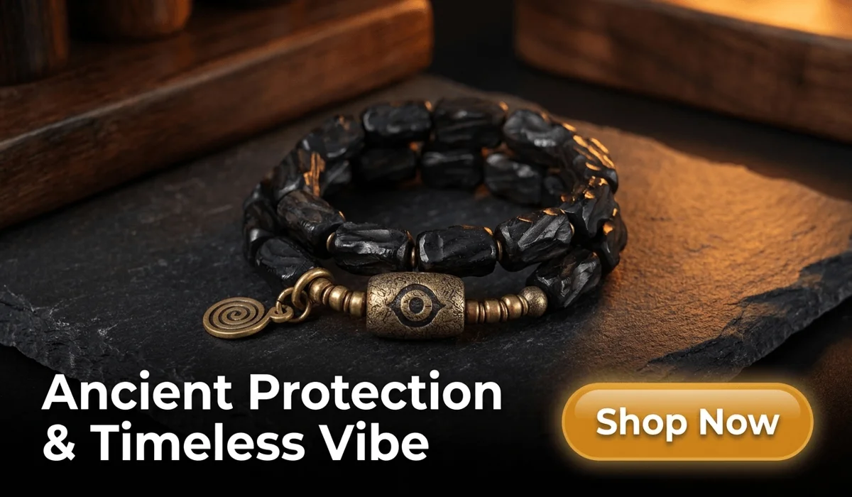 Evil Eye Tattoo Meaning, Placement, and Spiritual Symbolism 6 - Buddha Bodhis Carved Ebony Evil Eye Bracelet and Ancient Protection Amulet wrap bracelet with vintage brass charms on dark textured stone background