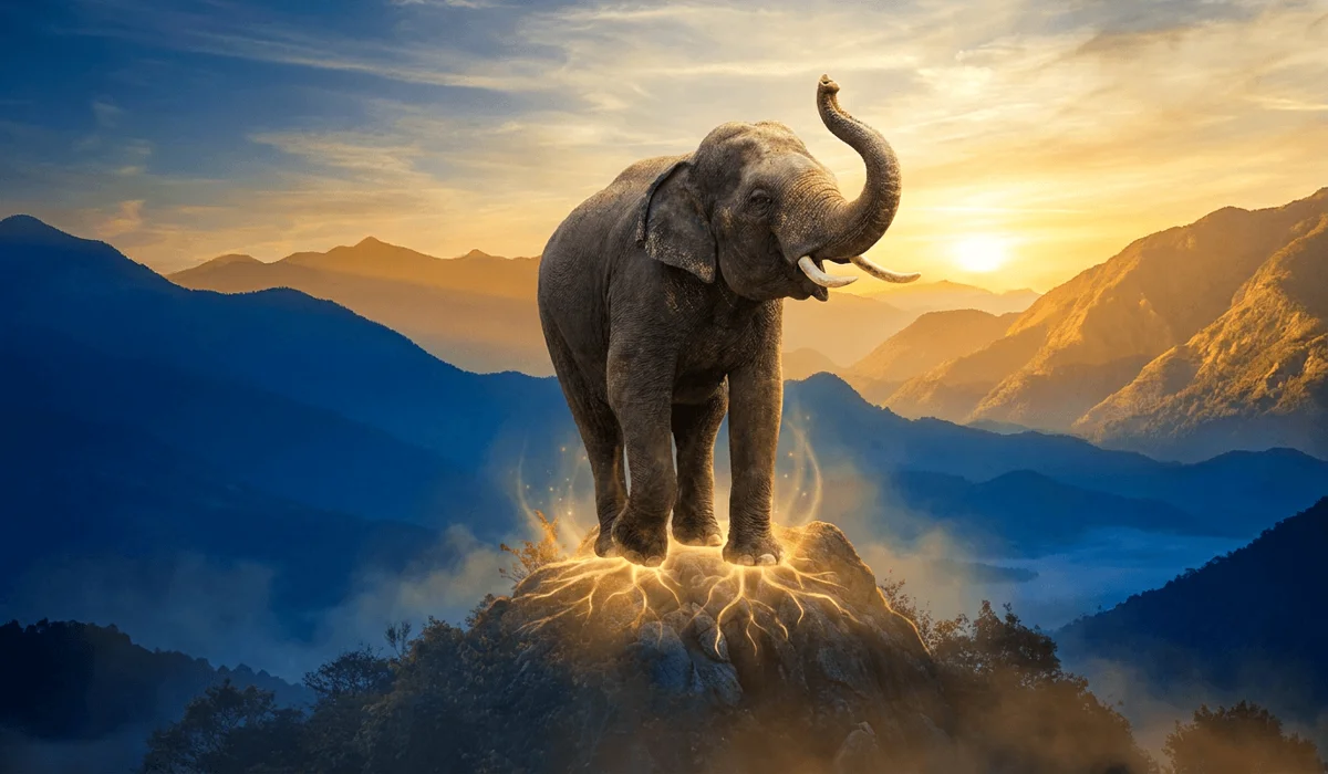 Elephant Symbolism Across Cultures: Spiritual Meaning and Global Traditions 3 - Buddha Bodhis Majestic elephant standing on a mountain peak at sunrise with glowing golden energy, illustrating Sthirata and spiritual stability.