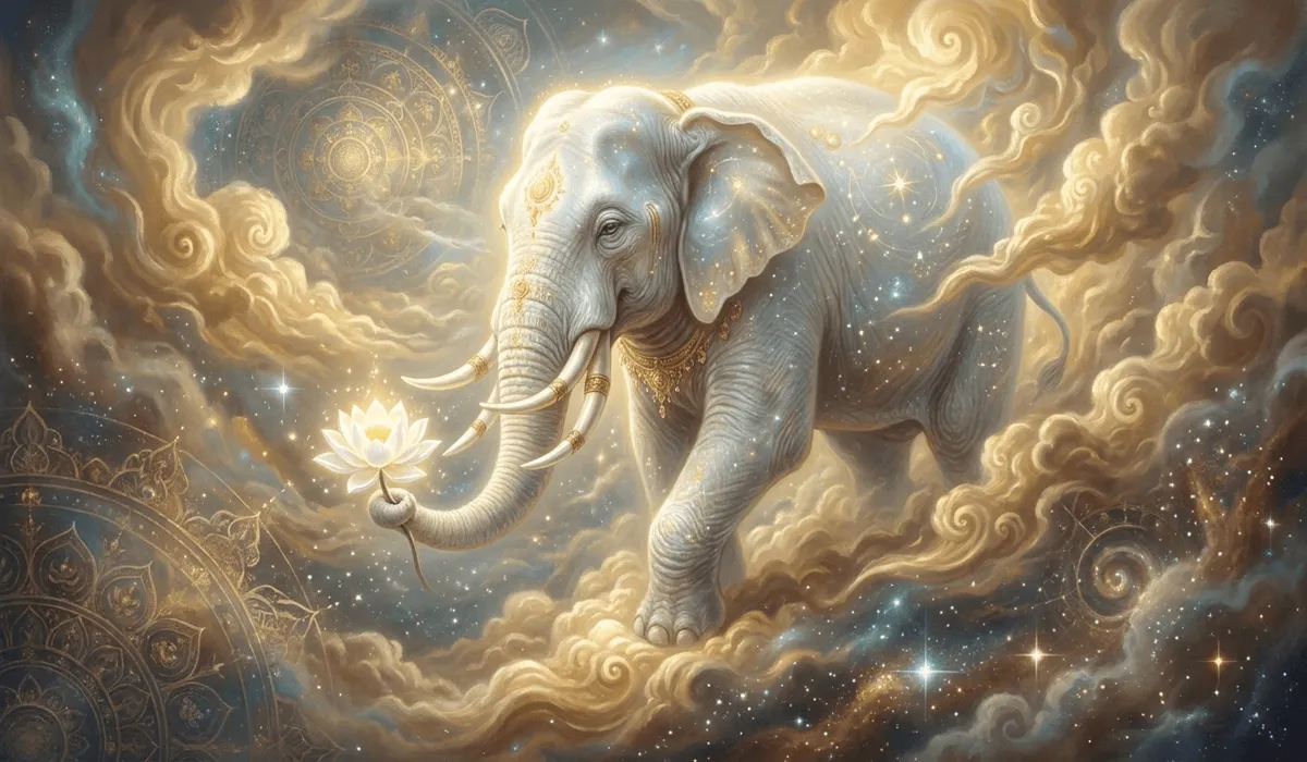 Elephant Symbolism Across Cultures: Spiritual Meaning and Global Traditions - Buddha Bodhis Luminous six-tusked white elephant holding a lotus flower descending from celestial clouds, symbolizing Buddhist sacred birth and purity.