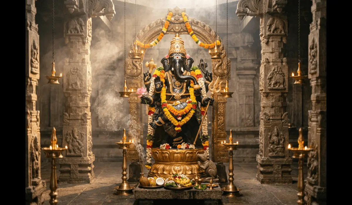 Elephant Symbolism Across Cultures: Spiritual Meaning and Global Traditions 4 - Buddha Bodhis Carved stone Ganesha and elephant sculpture illuminated by oil lamps in a traditional temple, representing wisdom and obstacle removal.