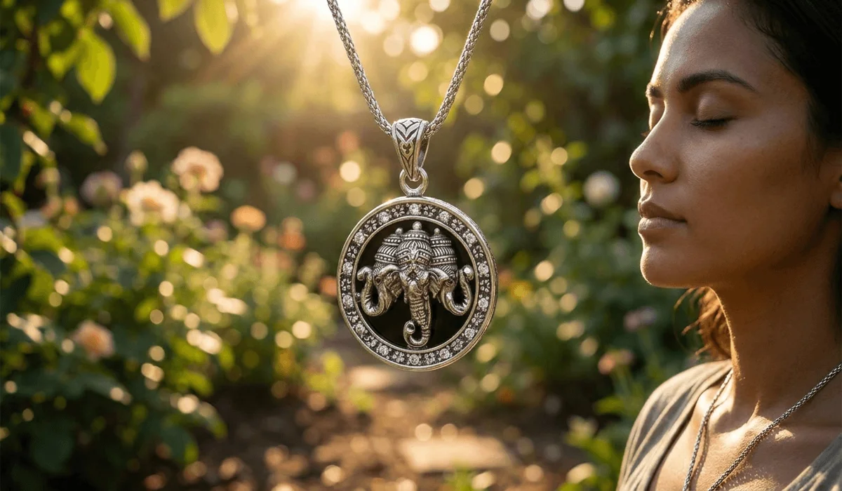 Elephant Symbolism Across Cultures: Spiritual Meaning and Global Traditions 7 - Buddha Bodhis Close-up of an intricately carved silver elephant pendant worn as a mindfulness anchor during meditation.