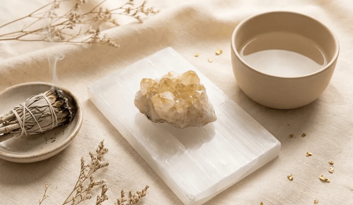 Citrine Birthstone Meaning: A Guide to November's Stone of Light and Abundance 4 - Buddha Bodhis Raw natural citrine cluster on a selenite charging plate with sage smoke, illustrating crystal cleansing and care practices.