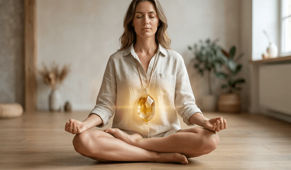 Citrine Birthstone Meaning: A Guide to November's Stone of Light and Abundance 1 - Buddha Bodhis A woman meditating with a citrine pendant over the solar plexus chakra, illustrating spiritual manifestation and inner vitality.
