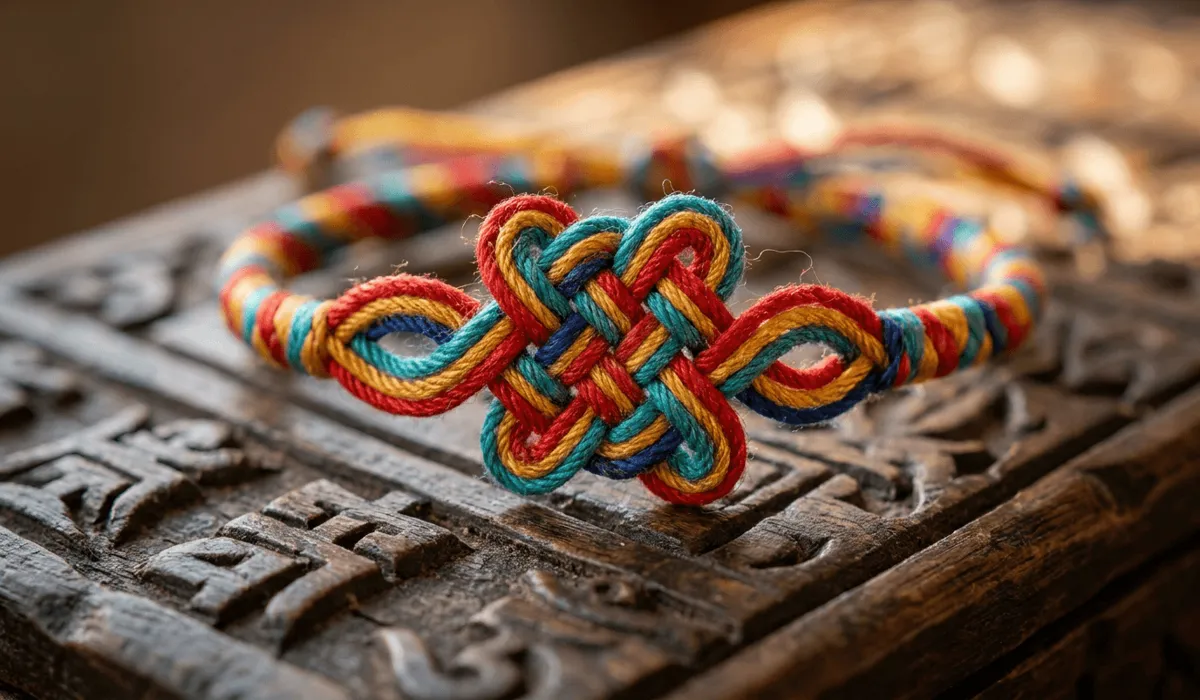 Can You Wear a Tibetan Blessed Bracelet If You're Not Buddhist? Meaning & Etiquette 1 - Buddha Bodhis Macro detail of a hand-knotted Tibetan thread bracelet with Endless Knot design.