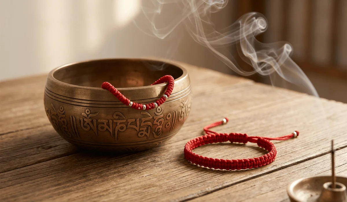 Can You Wear a Tibetan Blessed Bracelet If You're Not Buddhist? Meaning & Etiquette 6 - Buddha Bodhis Cleansing a red Tibetan thread bracelet with a singing bowl and incense smoke.