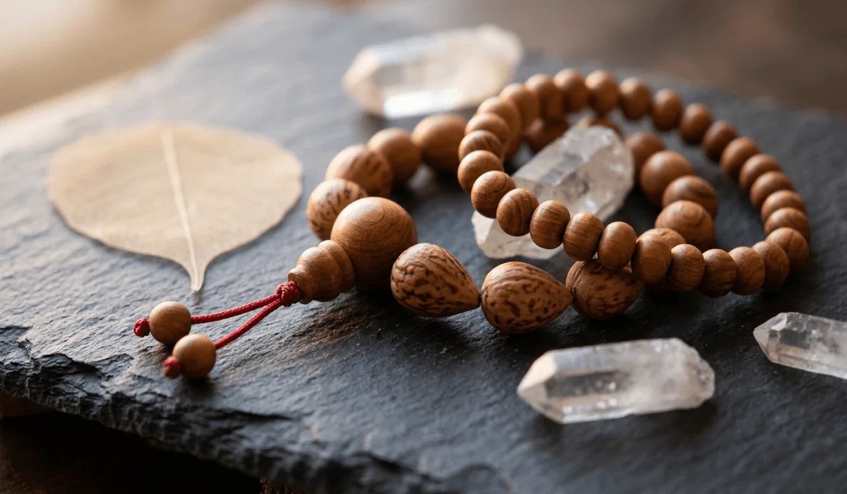 Can Non-Buddhists Wear Mala Bracelets? Meaning, Etiquette, and Respect - Buddha Bodhis Natural sandalwood and bodhi seed wrist mala bracelets displaying organic textures and traditional Guru bead detail.