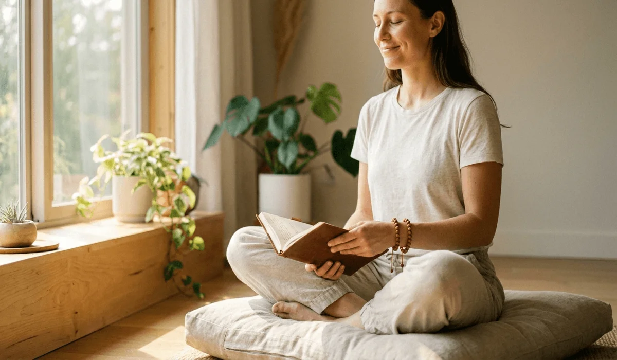 Can Non-Buddhists Wear Mala Bracelets? Meaning, Etiquette, and Respect 3 - Buddha Bodhis A person practicing secular mindfulness and morning reflection while wearing a respectful sandalwood wrist mala bracelet.